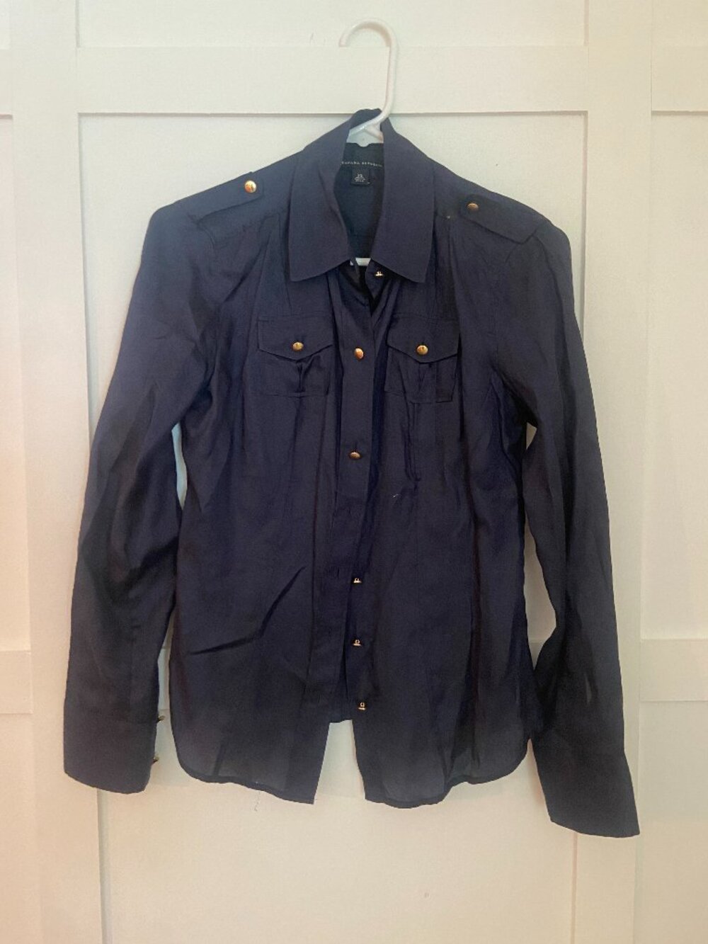 Banana Republic Navy silk top with gold buttons and epulets